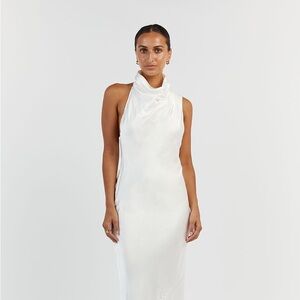DISSH. NWT white satin backless midi dress. Size 8.
